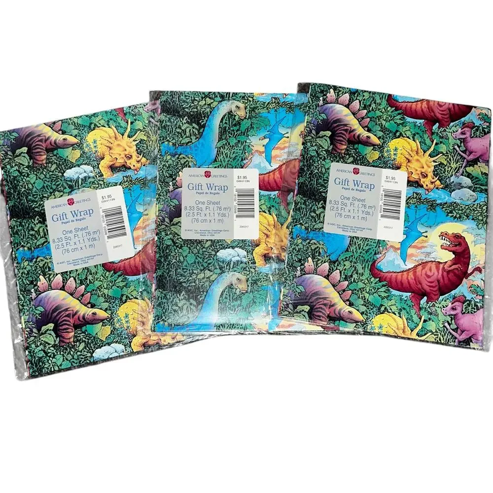vintage 90s Dinosaur Gift Wrap lot of 3 American Greeting Colorful One Sheet